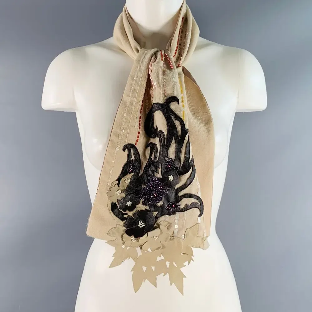 ETRO Beige Multi Color Beaded Leather Wool Silk Sequined Scarf